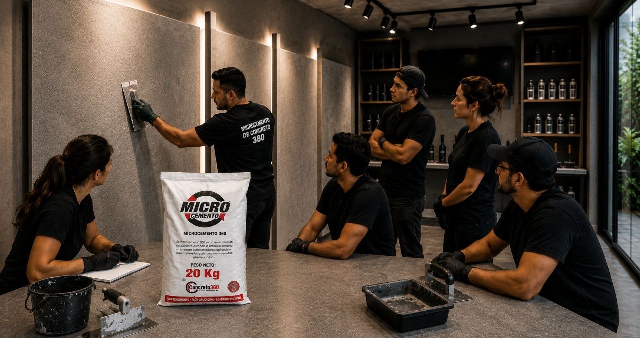 Alumnos aplicando microcemento